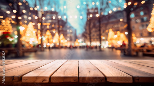 Wooden table in front of light blurred background of christmas market. Generative AI