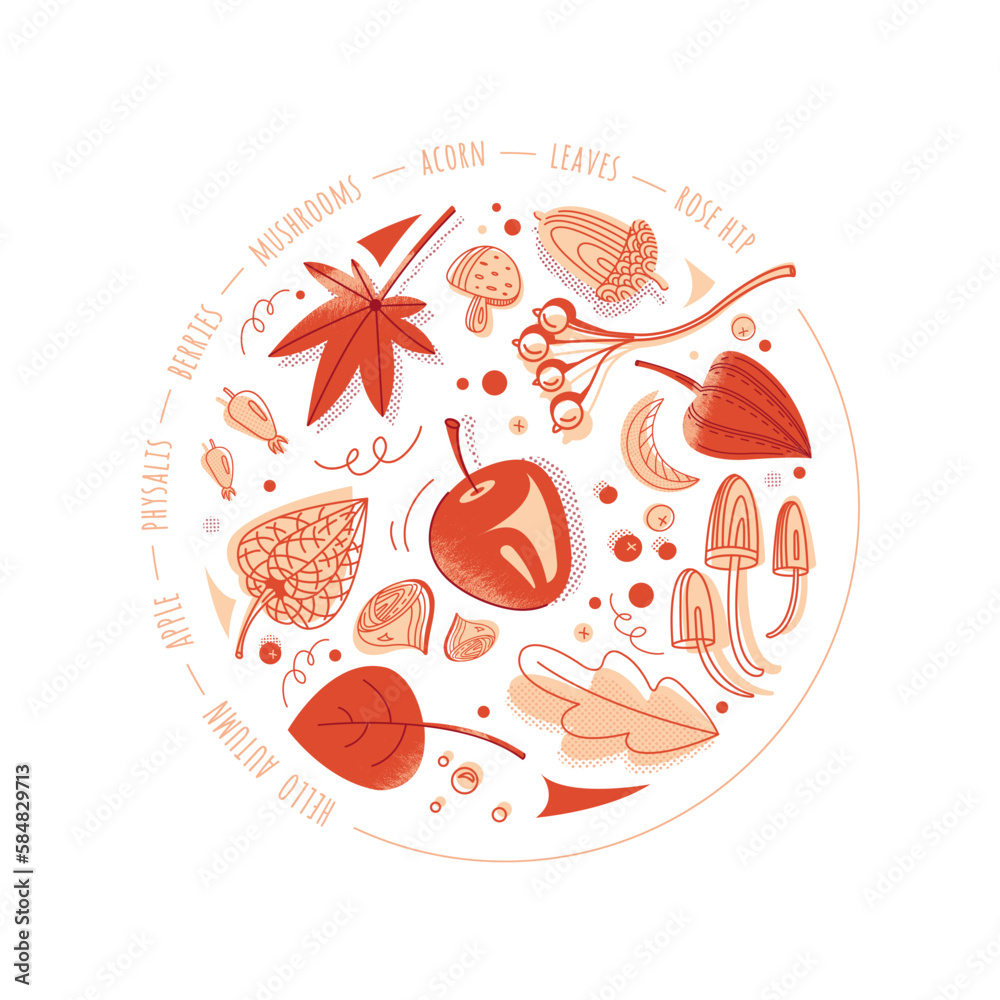 Flat vector circle composition of autumn elements. Round autumn themed design element or background. Natural decorative template in flat style. Isolated on white.