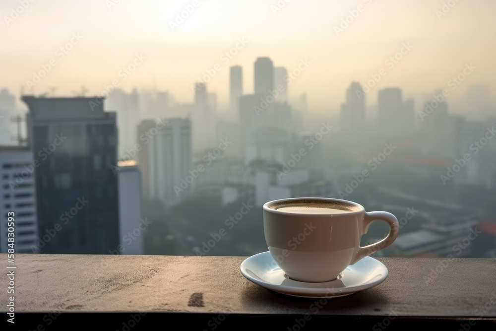 Hot coffee cup beverage at the top of a skyscraper building with blurry city skyline background - Generative AI Hot coffee cup beverage at the top of a skyscraper building with blurry city skyline background - Generative AI