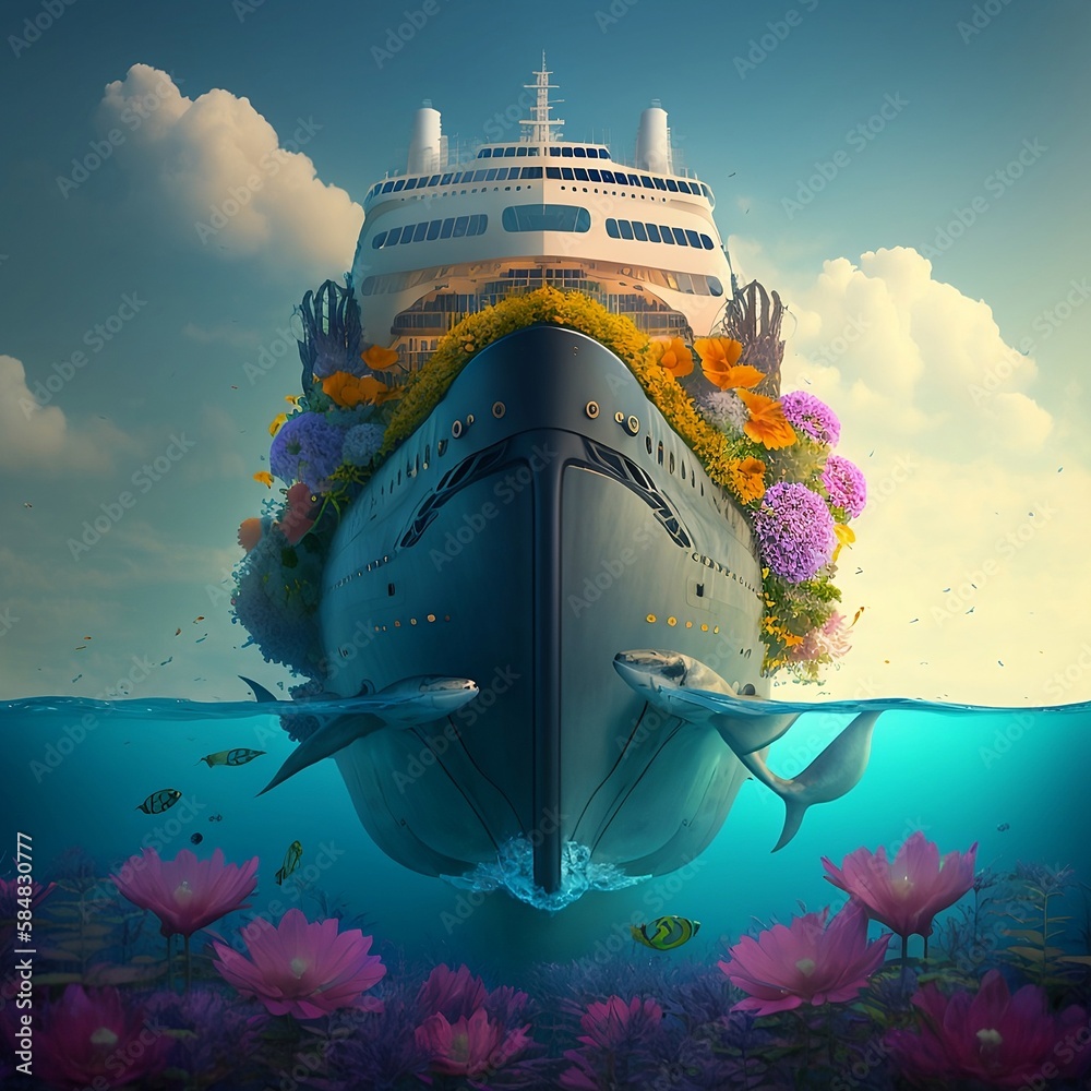 Eco-friendly cruise ship on the high seas. Illustration of a ship with