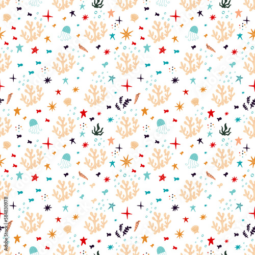A pattern of shells, corals and marine animals. Seamless background with fish, starfish, corals, shells, clams. Bright summer vector illustration