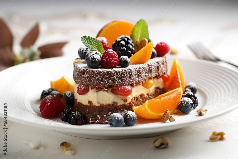 pastry with cream garnished with fruits on a white plate, generative ai pastry with cream garnished with fruits on a white plate, generative ai