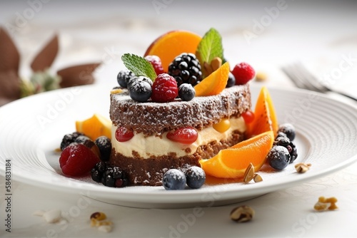 pastry with cream garnished with fruits on a white plate, generative ai