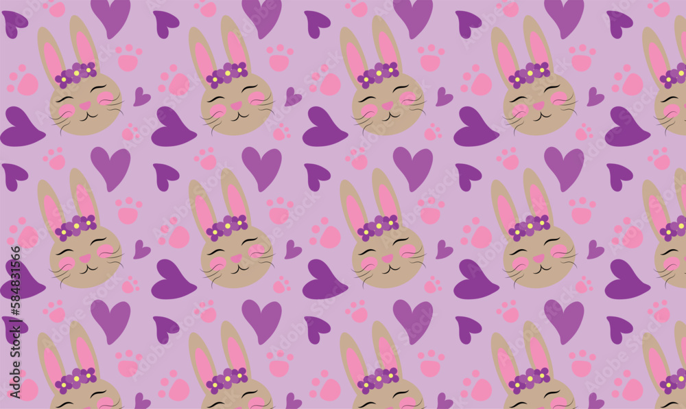 A purple background with a bunny face and a heart pattern.