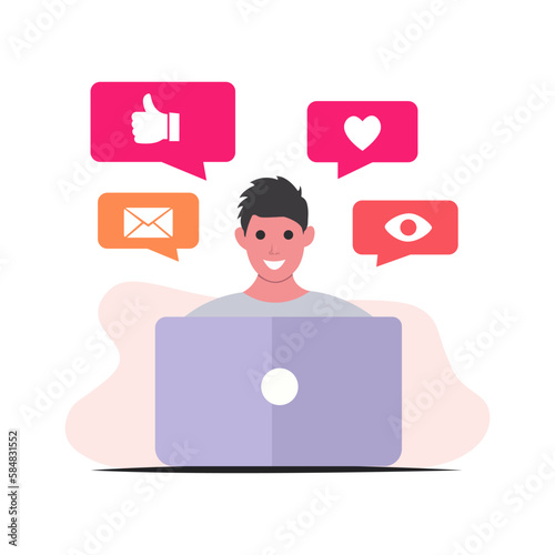 Man with laptop and browsing networks for chatting and getting likes and hearts. Social network online, internet laptop. Vector illustration