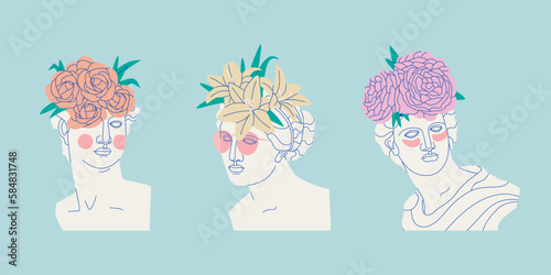 Various decorative antique statues with flowers. Ancient Greek gypsum sculptures in modern style. Vector isolated conceptual illustrations.