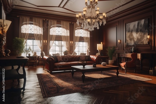 living room with chandelier curtains wood table couch sofa luxury oldschool classic photo