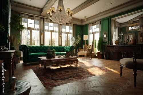 interior of a living room oldschool rich classic design with green sofa couch and walls big chandelier