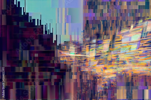a chaotic digital glitch that shows distorted images and video, with static and pixelation effects., created with generative ai photo