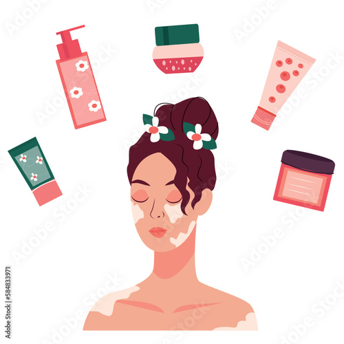Set of girl and cosmetic products and tools for face and body skin care. Everyday beauty routine, self love and self care concept. vitiligo

