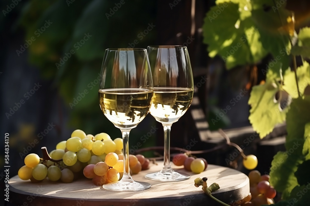 White Wine in wineglass, wine glasses and grapes close-up. Outdoors, generative AI tools White Wine in wineglass, wine glasses and grapes close-up. Outdoors, generative AI tools