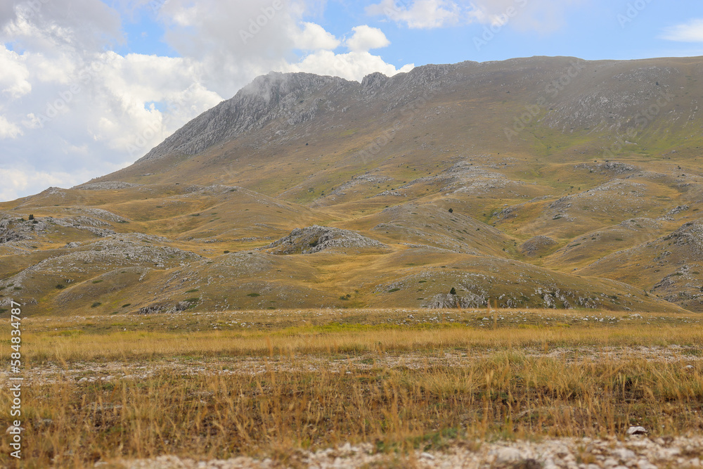 View of a mountain landscape with meadow, trees, and steppe in Abruzzo in summer in Italy