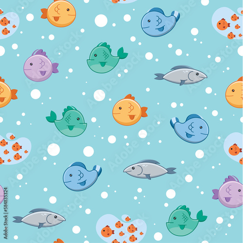 Seamless vector pattern of various fishes in water with bubbles