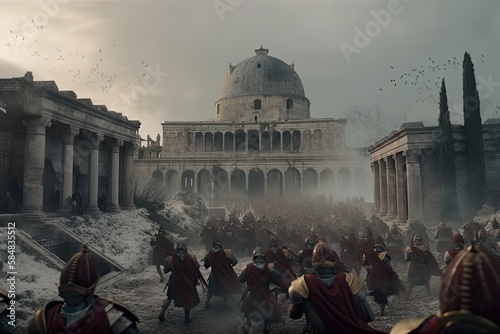 The ancient Rome soldiers are fighting under the castle