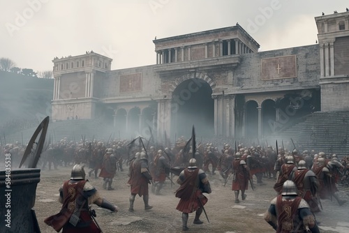 The ancient Rome soldiers are fighting under the castle