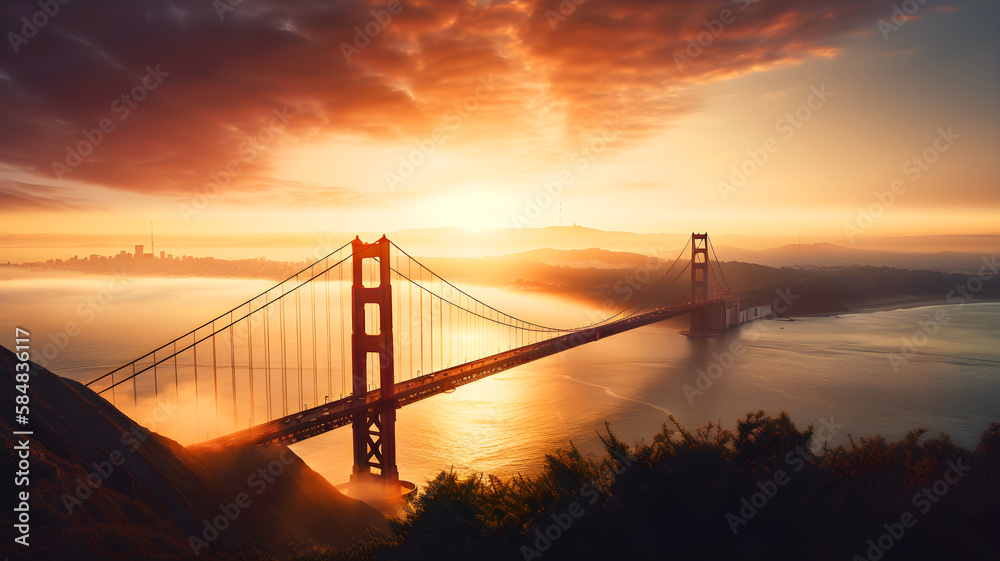 Aerial view of Golden Gate bridge at sunset, illustration ai generative
