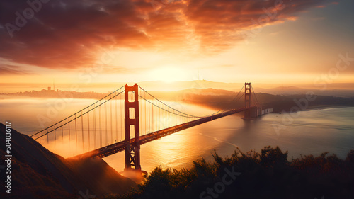 Aerial view of Golden Gate bridge at sunset, illustration ai generative