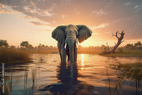 generative ai illustration of an elephant in a lake at sunset