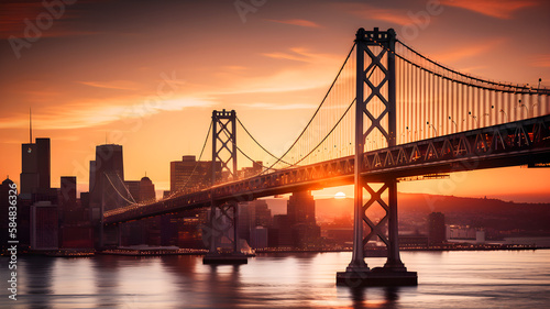 Beautiful view of the Bay Bridge in San Francisco at sunset. Illustration ai generative