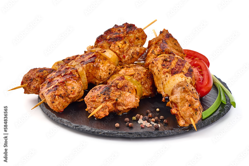 Roasted pork kebab BBQ, isolated on white background.