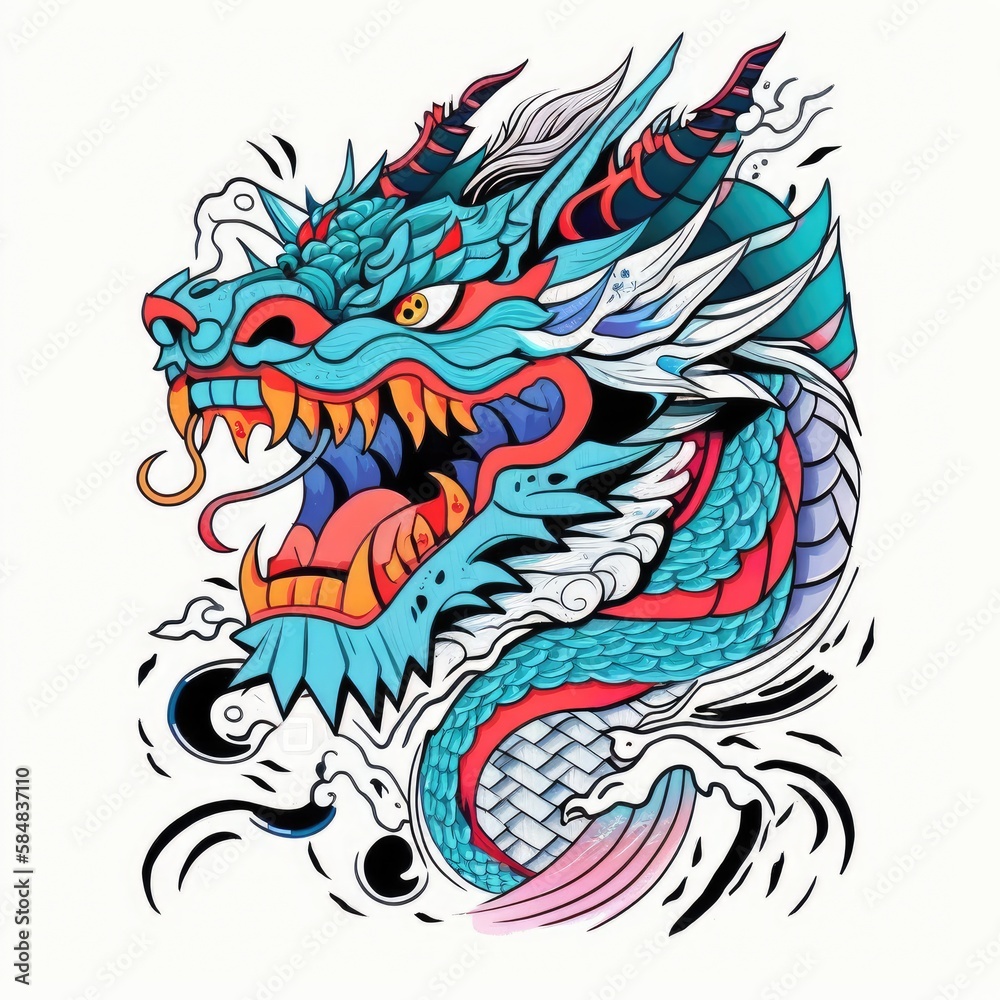 blue dragon with white background tattoo illustration