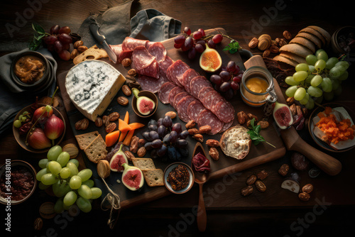 Italian food. Various types of salami, bacon, sausages, parmesan cheese, green olives, basil, vegetables, fruits and grapes on a wooden table. generative AI