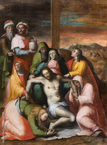 GENOVA, ITALY - MARCH 6, 2023: The painting of Deposition (Pieta) in the church Chiesa di Santa Caterina by Lazzaro Calvi (1512 - 1587).