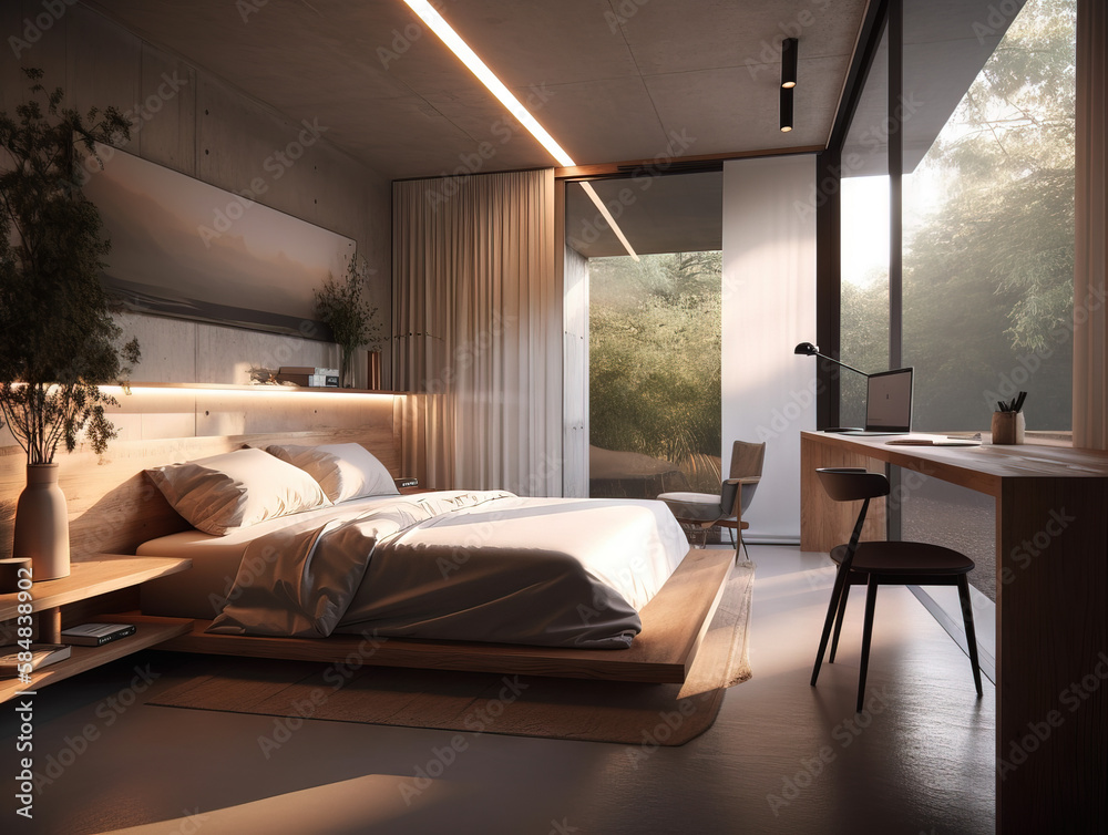 A bedroom with a modern minimalist design, king-sized bed, white linen, concrete walls, warm lighting, floor-to-ceiling windows, and a minimalist desk A bedroom with a modern minimalist design, king-sized bed, white linen, concrete walls, warm lighting, floor-to-ceiling windows, and a minimalist desk