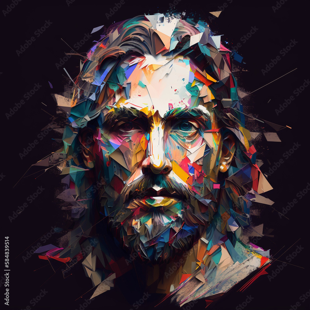 un portrait déstructuré et coloré de Jesus Christ - IA Generative - obrazy, fototapety, plakaty 