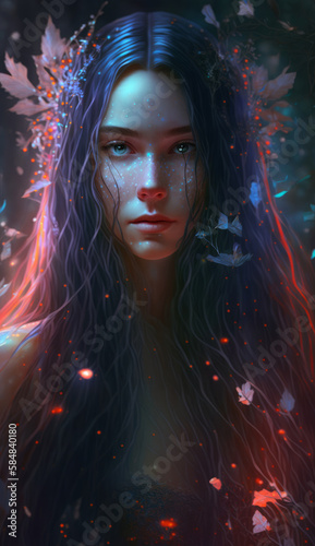 Portrait of a forest nymph, a girl in a black sexy outfit, a druid in a fabulous night world. Created with generative AI. photo