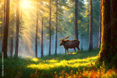 big-male-bull-moose-in-deep-coniferous-forest-in-rays-of-sunset-ai-generated