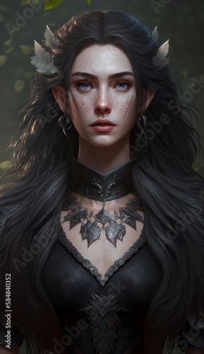 Portrait of a young werewolf princess, a brunette girl in a black sexy outfit in the middle ages. Created with generative AI.