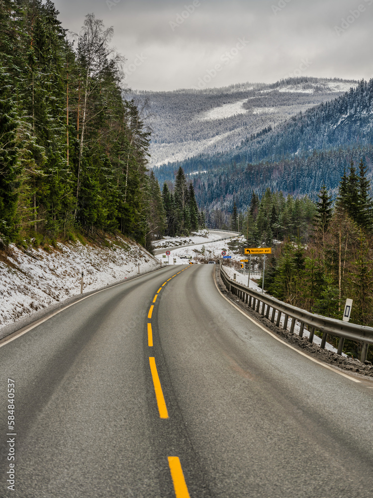 Winding road through Nesbyen in Rural Norway Winding road through Nesbyen in Rural Norway