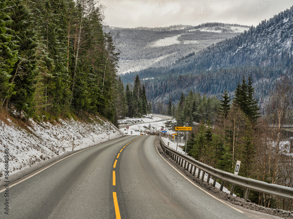 Winding road through Nesbyen in Rural Norway