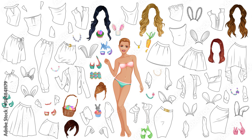 Easter Bunny Coloring Page Paper Doll with Outfits, Hairstyles, Shoes, Accessories and Bunny Ears. Vector Illustration Easter Bunny Coloring Page Paper Doll with Outfits, Hairstyles, Shoes, Accessories and Bunny Ears. Vector Illustration