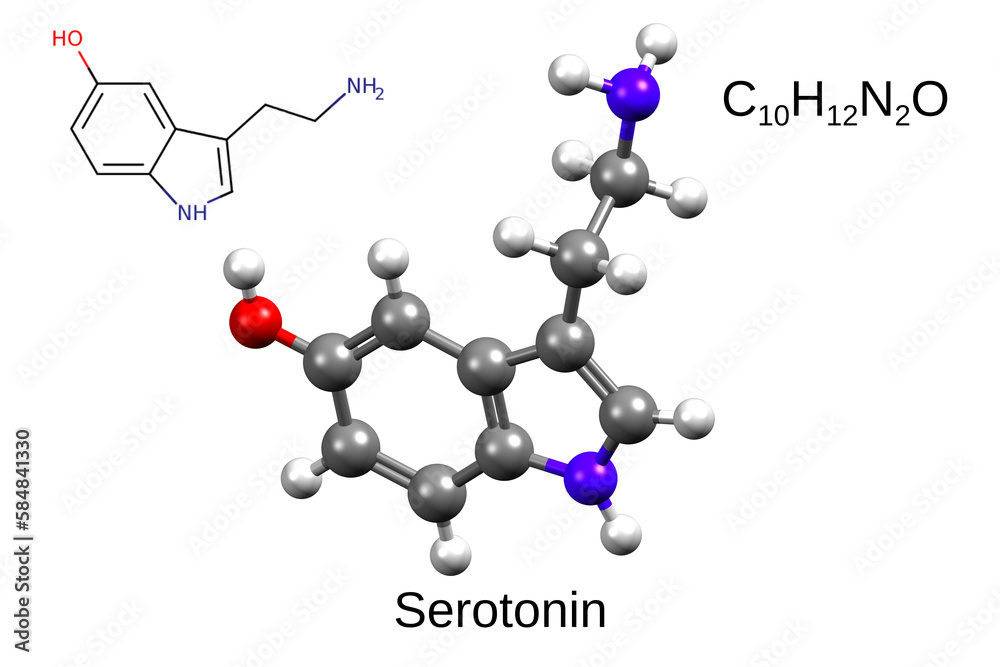 Chemical formula, skeletal formula and 3D ball-and-stick model of serotonin