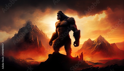 Ferocious King Kong on top of a mountain at sunset. Generate Ai.