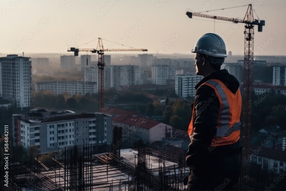 Construction engineer holding plan in double exposure above blue city and construction site. Generative AI
