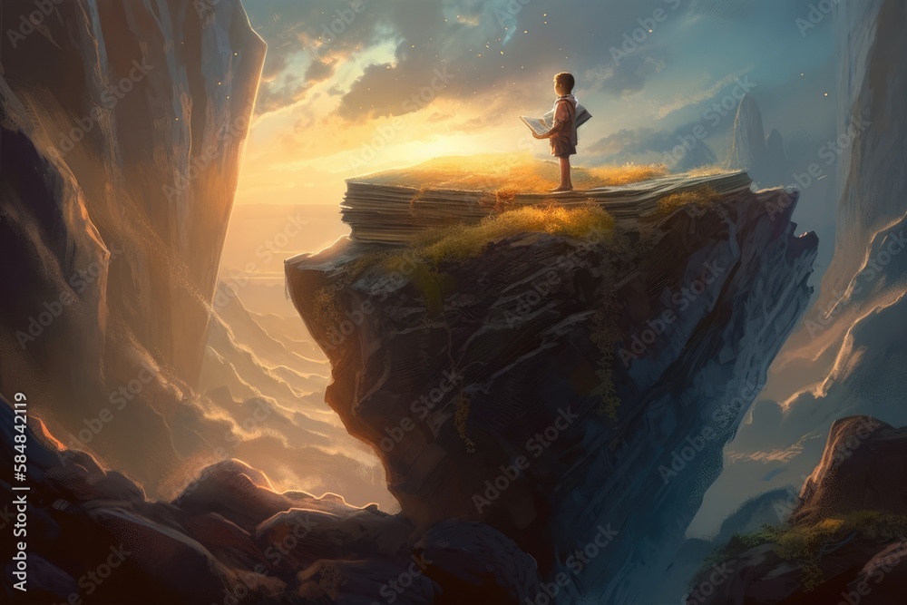 illustration painting of boy standing on a rock and opened giant book with fantasy light, digital art. Generative AI