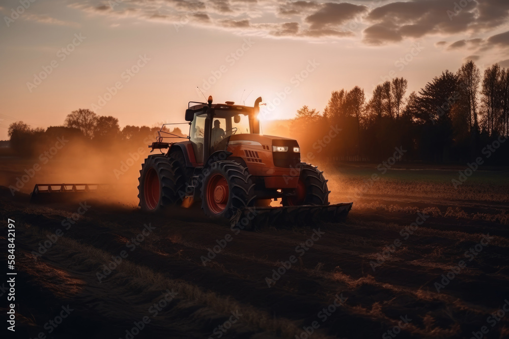 Tractor drives across large field making special beds for sowing seeds into purified soil. Agricultural vehicle works at sunset in countryside. Generative AI Tractor drives across large field making special beds for sowing seeds into purified soil. Agricultural vehicle works at sunset in countryside. Generative AI