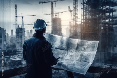 Construction engineer holding plan in double exposure above blue city and construction site. Generative AI © FryArt Studio