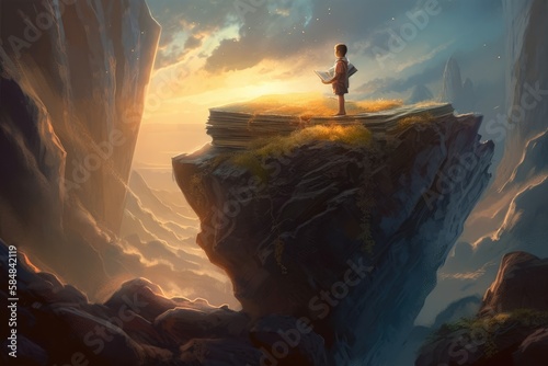 illustration painting of boy standing on a rock and opened giant book with fantasy light, digital art. Generative AI