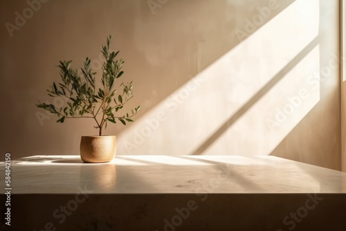 Minimal empty white marble stone counter table top, green tree in sunlight, leaf shadow on beige brown stucco cement wall for luxury organic cosmetic. Generative AI © FryArt Studio