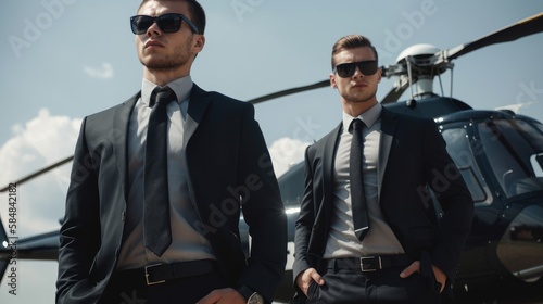 Two bodyguards with a helicopter on the background photo