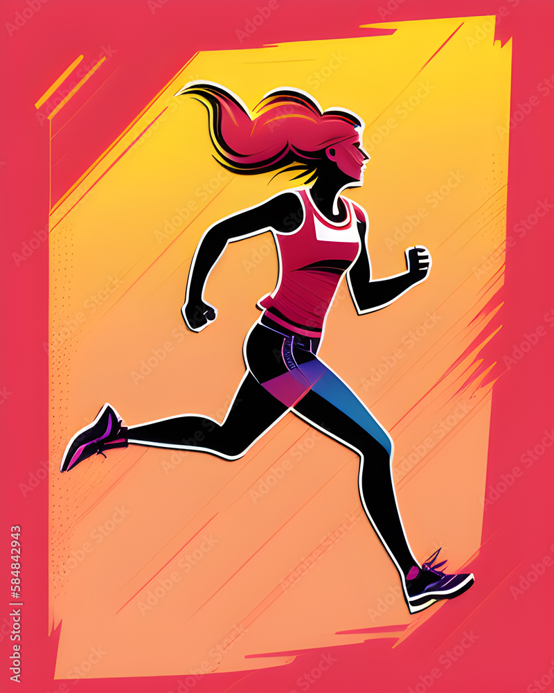 Energetic woman running fast during workout on colorful background - AI generated