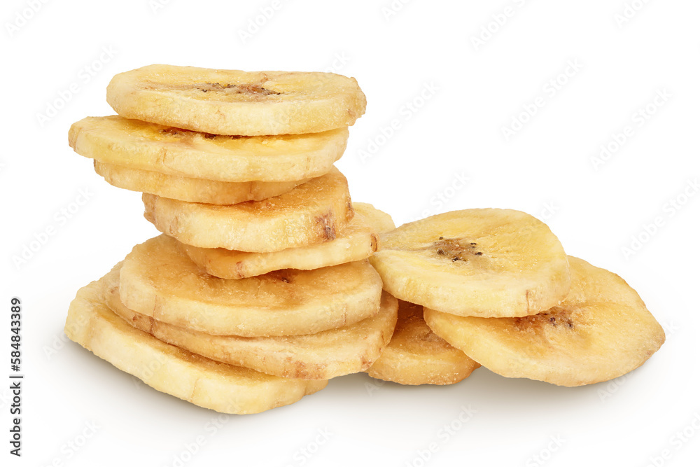 Dried banana chips isolated on white background with full depth of field Dried banana chips isolated on white background with full depth of field