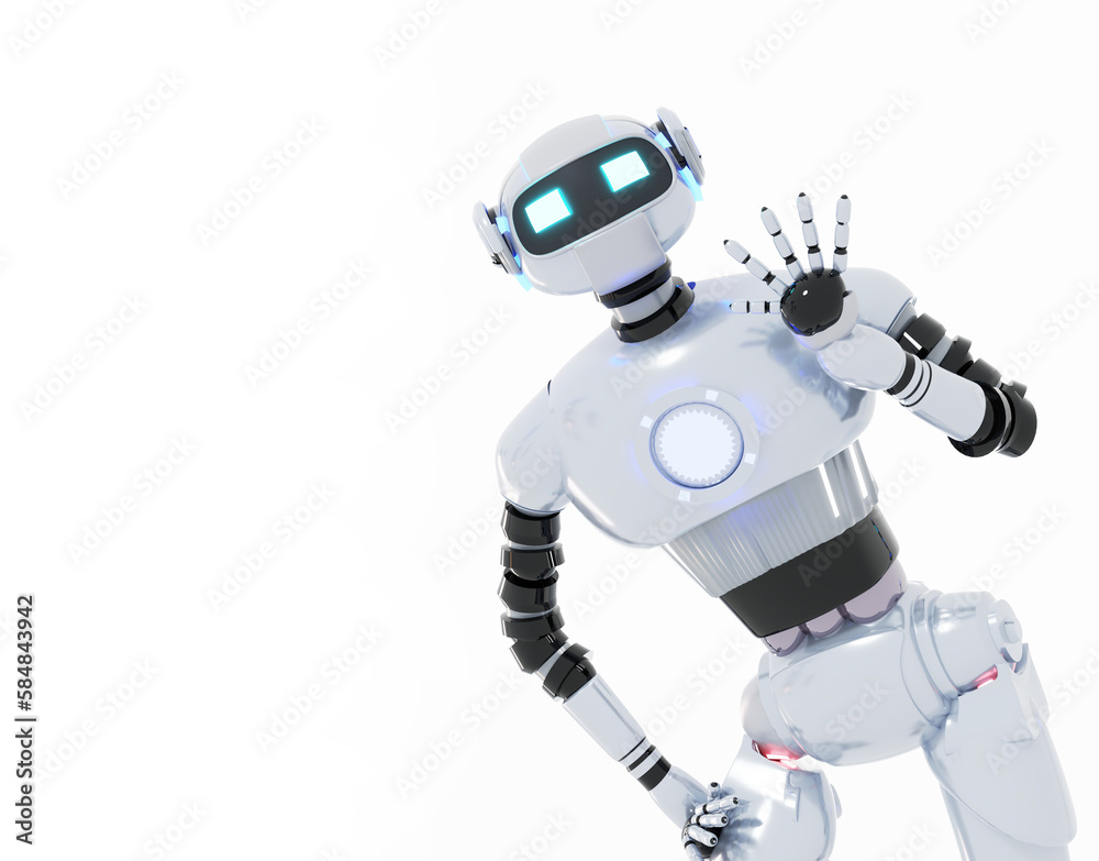 Friendly white glossy robot, cyborg waving his hand in order to say Hi. 3D rendering illustration Friendly white glossy robot, cyborg waving his hand in order to say Hi. 3D rendering illustration