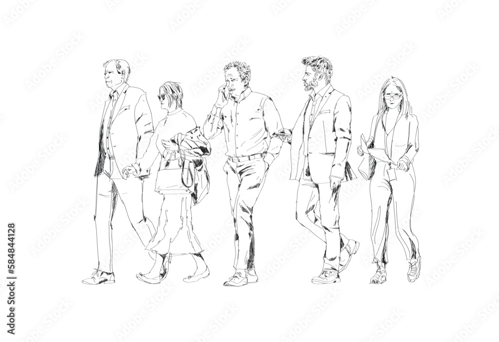 Sketch of Business people in suit walking in the city. People with rucksack, handbags and mobile phones. 