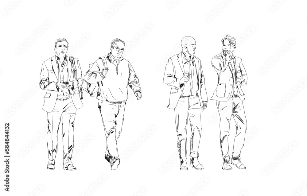 Business people in suit are walking in the city. Sketch, set of talking, walking, using mobile phone people Business people in suit are walking in the city. Sketch, set of talking, walking, using mobile phone people
