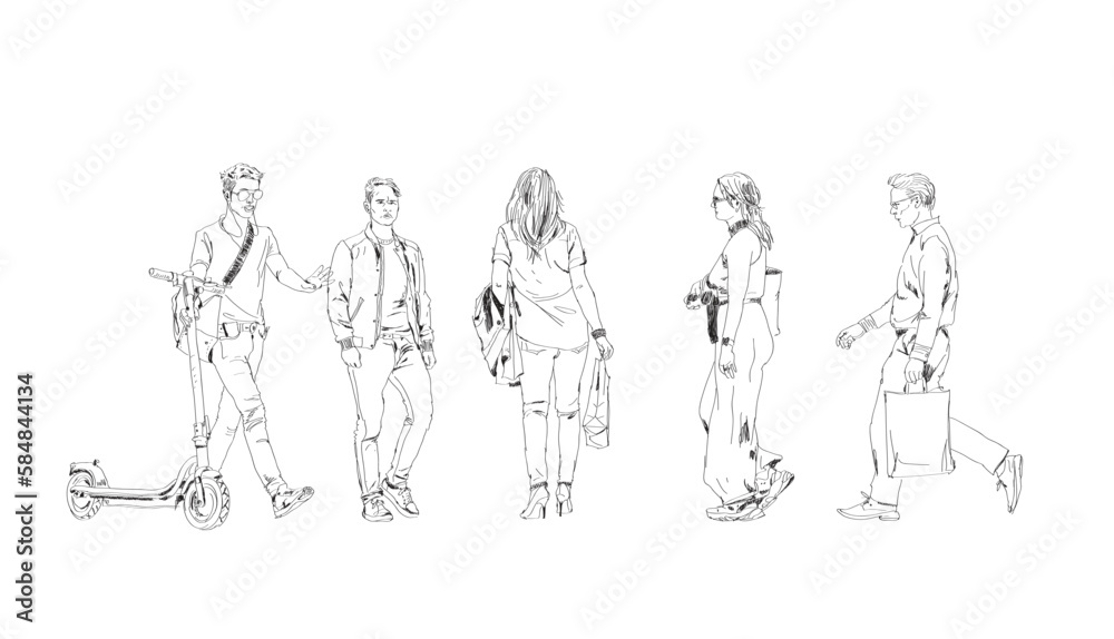 Sketch, set of walking people in casual clothes. People walking with bags, scooter or mobile phone